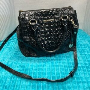BRAHIM Black Croc Embossed Satchel Crossbody/2 leather rolled straps